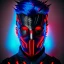 Placeholder: glowing Red eyes, mask, Male, portrait, Dark tactical suit, blue hair