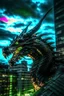 Placeholder: black dragon with glowing eyes on top of a high rise building