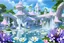 Placeholder: en premier plan des grandes fleurs sauvages, blanches non alignées, puis des grands arbres fleuris, couleurs bleu, blanc, rose,et un espace d eau, avec des gros papillons blancs ou roses, chateau futuriste et féérique , HD, Très réaliste