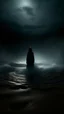 Placeholder: Mourning in dephts of ocean , a halo shadowed figure with a smoky clouds in dark gloomy foggy background with very small dem light