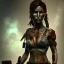 Placeholder: an abstract painting of rusted wood, lara croft with big breast, big black hair,blood face, Viking style, 8K, a Highly detailed stunning full frame portrait, wide-angle view, a realistic face, volumetric lighting, volumetric clouds