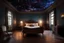 Placeholder: strange evening in vintage bedroom, deep dark colors, old wood floor, old antique bed, pale lights, sharp contours, old balkony, ceiling the galaxy with stars, nightly lights, etheral, stunning, cinemeatic