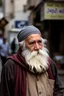 Placeholder: An old Muslim man with a thick white beard, dressed as a poor man, standing in the street and looking forward.