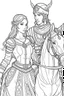 Placeholder: Fantasy coloring page, minimal detail. HD. Woman holding a male knight