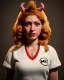 Placeholder: Portrait, waitress woman with monster muppet mask that covers her entire head, retro style, Sesame Street style, yelow, smooth, unreal engine 5, god lights, ray tracing, RTX, lumen lighting, ultra detail, volumetric lighting, 3d.