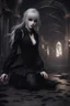 Placeholder: Gothic girl crawling towards the camera, scary moving position. Dark eyes, black clothing and dark make-up. Anime style, Realistic, 8k, chaos background