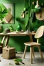 Placeholder: Moodboard: green, chair, table, materials wood and knick-knacks,