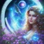 Placeholder: belle Femme cosmique souriante, Stargate , ovni , étoiles, couleur bleu, fleurs , cascade