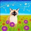 Placeholder: adorable siamese cat, beautiful portrait, natural landscape, cosmic atmosphere, perfect composition, 8k, super detailed, delicate flowers, complementary colours, intricate details, people
