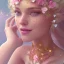 Placeholder: fairy, pink, blue, beautiful, happy smile, gold, jewels, hyperrealism, masterpiece, expert, cinematic lighting, sharp focus, 8K, pastel, macro lens, woman, detailed, flower