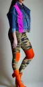 Placeholder: Model, woman. sérigraphie on denim with orange,terracotta, cream and purple colors. Camouflage patterns are screen printed on denim. Brunette woman in her 30's. thick thighs, thick calves, flat belly, wide hip. Mantle is sewed of recycled Denim and sewed together of camouflage pieces. It is with big bright purple felt tippet and cream-colored-hood. mantle is merged with satchel. Style: Haute Couture in 1920's and 1990's in New York. Paris in 2023