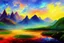 Placeholder: Epic landscape with mountains and lagoon, concept art, impressionism influence, realistic painting