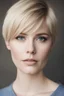 Placeholder: Blonde hair, Blue eyes, short, pixie-cut hair, tapered on the sides, 32k, UHD, full color professional quality digital photograph