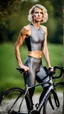 Placeholder: photography of a beautiful anorexic woman, grey satin triathlon top, sports illustrated, blond short wavy bob haircut, pronounced sternum, flat chest, anthracite cycling leggins