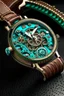 Placeholder: Generate an image portraying the antique clockwork mechanism within a vintage turquoise watch band, symbolizing the precision and stability of a well-crafted journey.