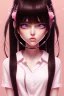 Placeholder: girl, cute, beautiful, black hair, long hair, straight hair, bangs, pink shirt, big eyes, brown eyes, kawaii, close up portrait