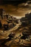 Placeholder: A dark brown underground town with minecarts painted by Salvador Dali