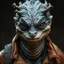 Placeholder: A striking portrait of Zykrass, a reptilian character with black scales and bright brown eyes. His short tendrils on the top of his head give him a unique and otherworldly appearance. With a stern expression, he wears light lipstick and displays a pronounced overbite. A birthmark adorns the top of his left cheek, adding a distinct touch to his features. Clad in a tattered, cheap copper jacket, Zykrass's dirty clothes further emphasize his gritty and rugged demeanor.