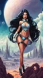 Placeholder: exotic sci-fi pin-up girl, with long dark hair, on an alien planet with cloud trees, tall spires and buildings