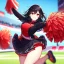 Placeholder: Clear focus, High resolution, long black fluffy hair, red eyes, chopped bangs, wearing a cheerleading outfit, jumping, wearing a skirt, legs together, smiling, Extreme Close up of eyes