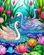 Placeholder: Stylized couple of two swans among lotus flowers (water lilies) and pond plants, colorful page, cooler background, perfect composition, beautiful detailed intricate insanely detailed octane render trending on artstation, photorealistic, soft natural volumetric cinematic perfect light, chiaroscuro, masterpiece, oil on canvas, raphael, caravaggio, greg rutkowski, beeple, beksinski, giger, black and white still, digital Art, perfect coloer