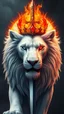 Placeholder: A powerful white lion with one blue eye and one red eye and a crown of fire on its head in the center of the image with a blazing sun and sword behind its head.
