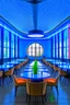 Placeholder: A restaurant with the outer shape of the walls in blue and a white floor, and it contains one table in the middle of the restaurant, and the walls are oval in shape, containing 30 chairs, and the walls are made of glass