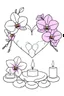 Placeholder: outline art for visually rich appealing heart ikebana orchids plumeria spa rounded stones around candles, coloring page for kids, white background, fit to page, only use outline, clean line art, no shadows, clear and well outlined