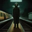 Placeholder: A strange eerie figure, creepy, someone ominously standing on a train platform, art by Tye Martinez, uncanny valley, nightmarefuel, analog horror, bizarre art, vhs scan lines, unsettling and visually disturbing, internet horror aesthetic, found footage, alluring yet strangely fascinating, melancholy vibes, horror story, metaphysical art