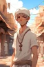 Placeholder: White morrocan boy hero in anime in marrakech with his upper body in souk in a good position far from the camera . Anime style