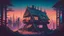 Placeholder: small Wooden European Cabin, In cyberpunk city-skyline, comic style