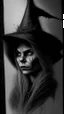 Placeholder: pencil drawing of witch, Spooky, scary, halloween, realistic, black paper