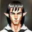 Placeholder: Portrait of a 20-year old androgynous half-elf with tan skin, multi-colored eyes and a medium-lenght black hair with a broad white streak in the middle