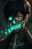 Placeholder: fantasy art, young male, half-elf, noble, half skull mask, pale skin color, cemetery background
