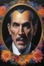 Placeholder: Count Dracula's face inside a small gold circle, multicolored, large, Floral/rainbow designs, atmospheric, beautiful, bright, vibrant colors, pitch-black background, oil painting by Boris Vallejo, 4k UHD, Photorealistic, professional quality