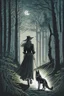 Placeholder: in the style of a Henry Justice Ford drawing, a beautiful witch walks through a dark forest, a dog is seen in the background standing against the horizon, waiting for her