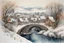 Placeholder: :Watercolour and ink patchwork in the style of Jamie Heiden, Walter Crane, Daniel Merriam, Ivan Shiskin, John Atkinson Grimshaw: zentangle winter landscape with a frozen river amidst houses with icicles hanging from roofs, ancient stone bridge, frosted trees, grasses, crisp quality, ultra detailed, elegant, fantastical, surreal, watercolor and pen, beautiful high definition fine 3D line art, white and mustard yellow and Delft Blue and dark teal dreamy colours, extremely detailed, intricate, elab