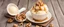 Placeholder: Top view of vanilla ice cream with caramel syrup and walnuts on a plate on wooden background with text for copy space