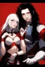 Placeholder: A couple, from the dnd game curse of Strahd. The woman has long white hair and blue eyes, the man has LONG BLACK hair and red eyes, no facial hair. He is standing protectively behind her.