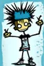 Placeholder: 2d drawing of a stickman, cool with punk hair, x eyes like in hangman, both arms in air, showing piece sign,3d realistic in colour