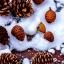 Placeholder: tiny acorn covered in snow, warm colors, soft lighting, snowdrift