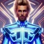 Placeholder: Handsome cosmic man, realistic, blond hair, blue eyes, tron glitter suit, blue lights, full of détails, stars in background, unreal engine 5