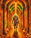 Placeholder: A frightening castle dungeon hallway with a skeleton warrior in rusty chainmail holding a burning torch painterly rpg art