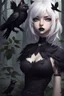 Placeholder: CAT GIRL, goth, forest, nature, cartoon, leaves, half black half white hair, boobs, ravens