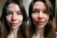 Placeholder: A selfie of a brunette woman, middle long hair, showing a 29-year-old European woman. She has brown hair, face without makeup, cute nose, detailed full lips, skin texture. Split screen and show the same face but without wrinkels and younger and more beautiful