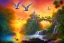 Placeholder: island waterfall palms twigs spring sunset rainbow bridge birds