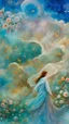 Placeholder: Man father carries on his shoulder a young girl . his daughter she wear abaya and She wears a veil and her face is covered in light . They walk and They look back (back view ) among the clouds and stars, surrounded by roses and butterflies in beautiful light colors.