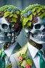 Placeholder: Surreal Couple Made Of Metal Skeletons With Flowering Vines Growing Through; Wearing Blue Gray Green Striped Business Suits With Paisley Shirts And Ties; Surreal, Intricately Detailed, Beautiful, Colorful