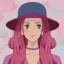 Placeholder: Beautiful pink witch made of fire with red eyes. Long curly wild pastel pink hair. Pink and red eyeshadow. Red lipstick. Freckles. Big pink witch hat.