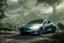 Placeholder: A Tesla's 'Model 3' is drifting at top speed, within the 'Jurassic Park' jungle. CINEMATIC. WIDE ANGLE LENS. PHOTO REAL.